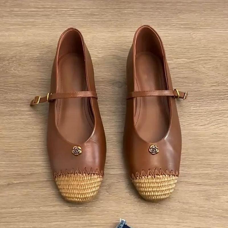 

Sheepskin version~ Retro camellia small fragrant Mary Jane shoes for women with round head straw woven skirt single shoes 40
