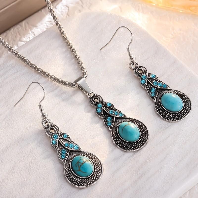 New Fashion Retro Pattern Blue Crystal Inlaid Turquoise Earrings Pendant Bohemian Pendant Earrings