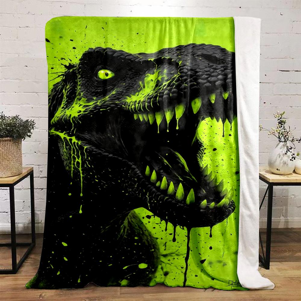 "Neon Green T-Rex Roaring Design warm quilt- Flannel blanket for bedroom, living room, sofa, and nap
