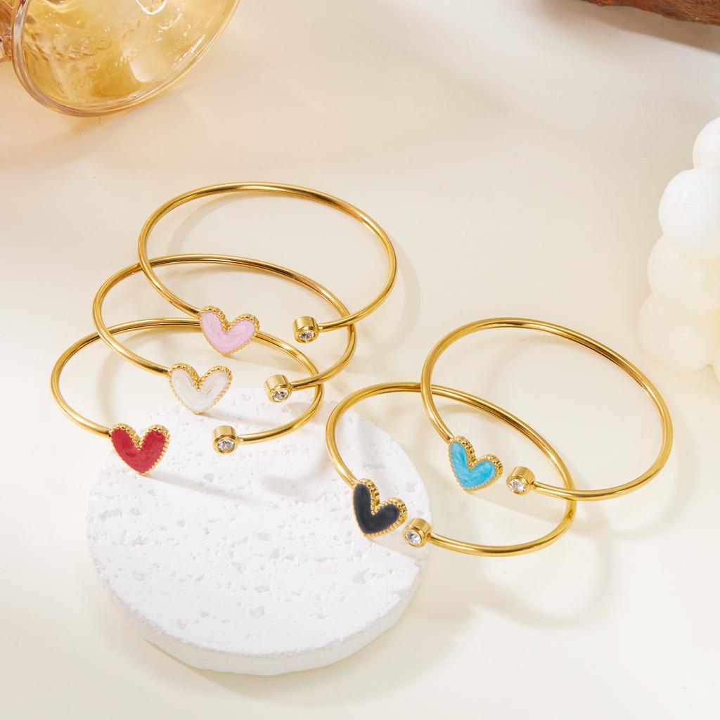 Stainless Steel Red Heart Open Bangle for Women Luxury Zircon Cuff Bracelet Adjustable Gold Color Wedding Jewelry Gift 2026