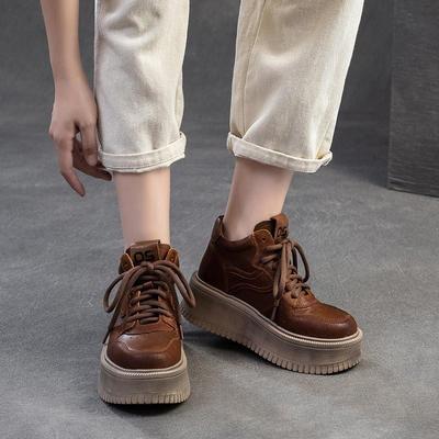 Genuine Leather Lace-up Women's Shoes Retro Thick Soled Versatile Comfortable Flat Platform Shoes
