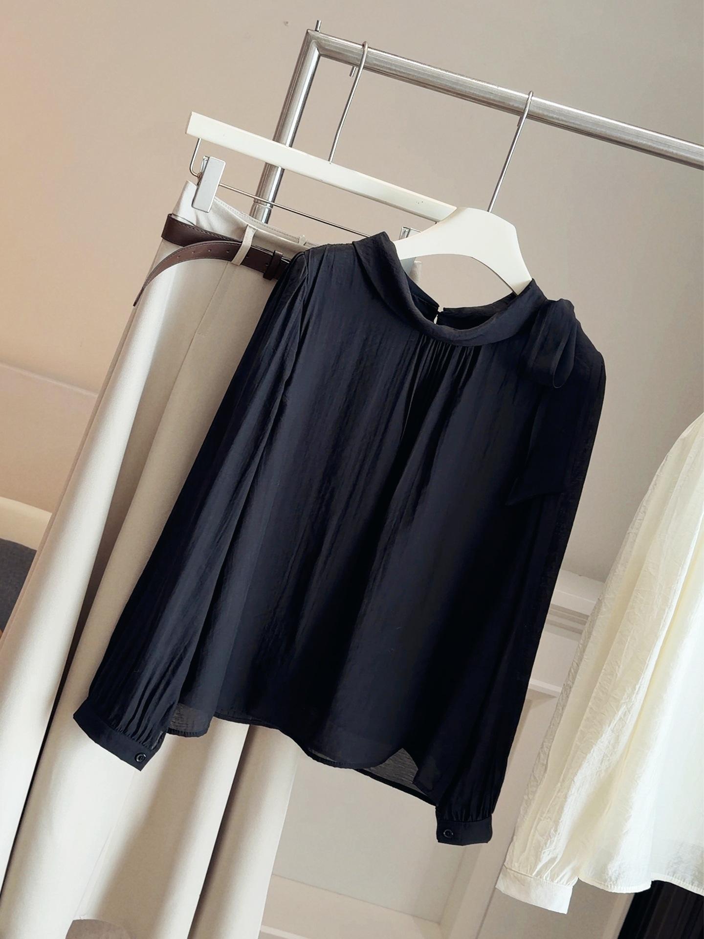 Chic Ribbon Bow Long-Sleeve Women s Shirt: Spring/Summer Style with Side Tie One Size чёрный