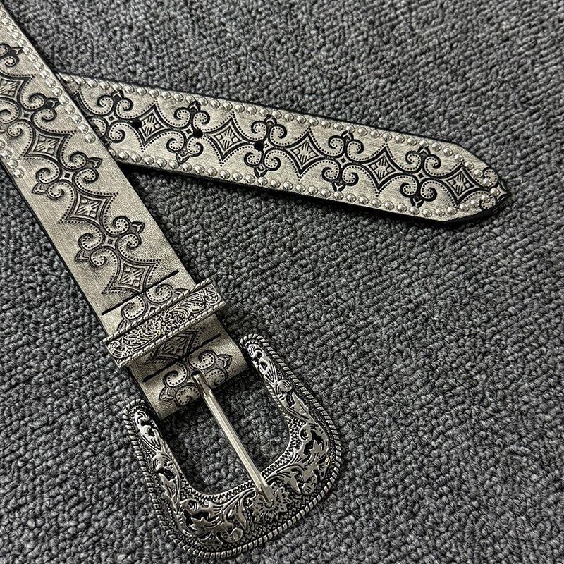Vintage Western Rivet Belt Silver Carved Metal Buckle Unique Design Simple Belt for Women