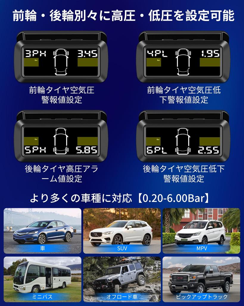 Jelkuz Tpms Air Pressure Sensor, 2/4 Wheel Modes, Separated Stand, Large Screen, Pressure Value