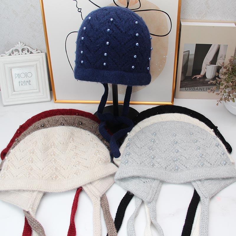 Pearl lace-up ear protector wool hat women's autumn and winter soft waxy rabbit hair knitted hat pearl twist bag head thermal hat