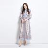 Summer Autumn Women Vintage Print Designer Runway Dress Stand Collar Single Breasted Long Maxi Holiday Party Dresses with Belt