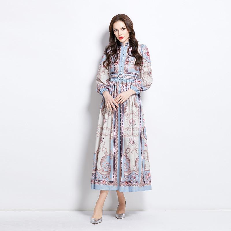 Summer Autumn Women Vintage Print Designer Runway Dress Stand Collar Single Breasted Long Maxi Holiday Party Dresses with Belt