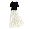 Sibaishi Women's Round Neck Color Block Short Sleeve Faux Two-Piece Casual Dress