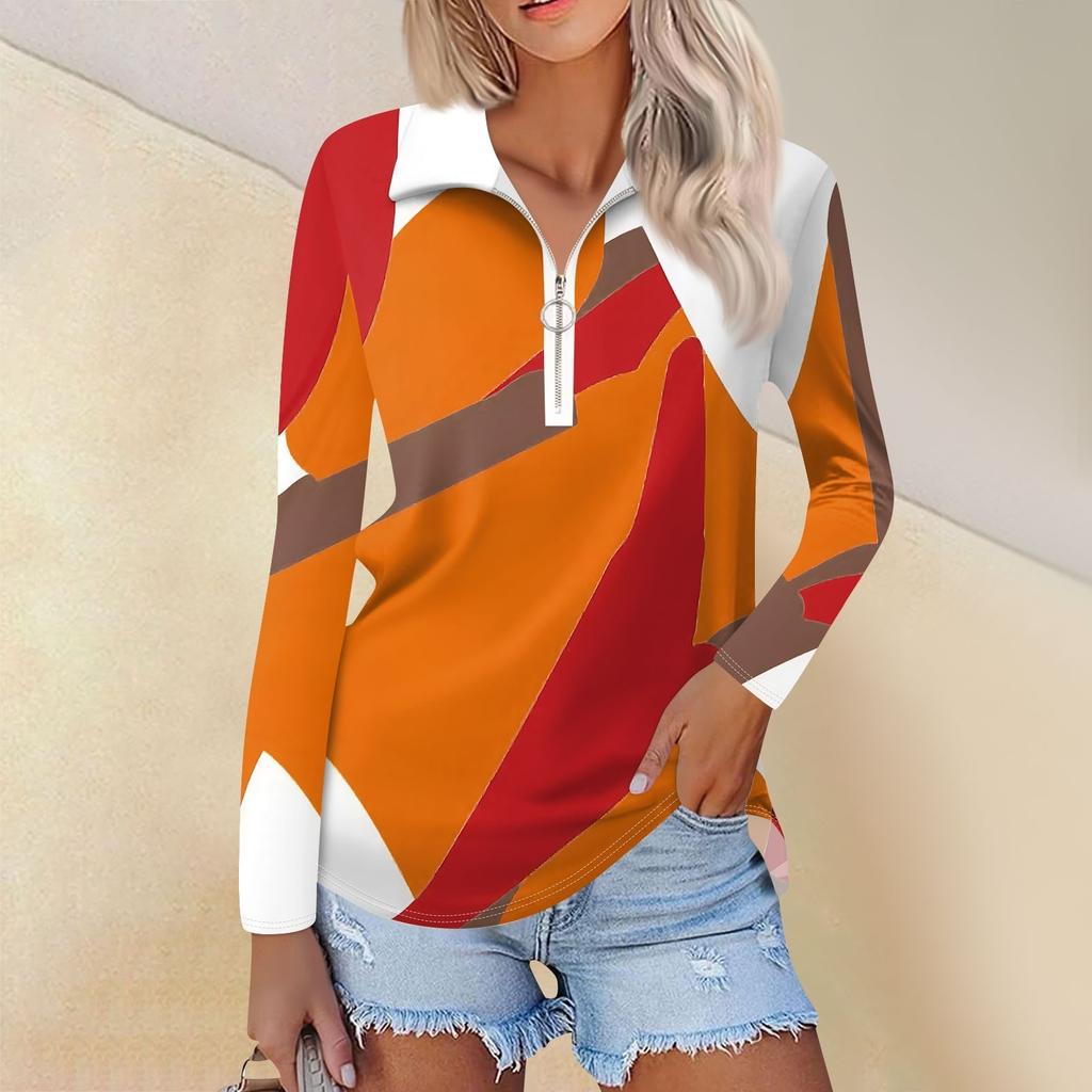 Camisa feminina casual com estampa de zíper e decote em V, manga comprida, primavera e moda