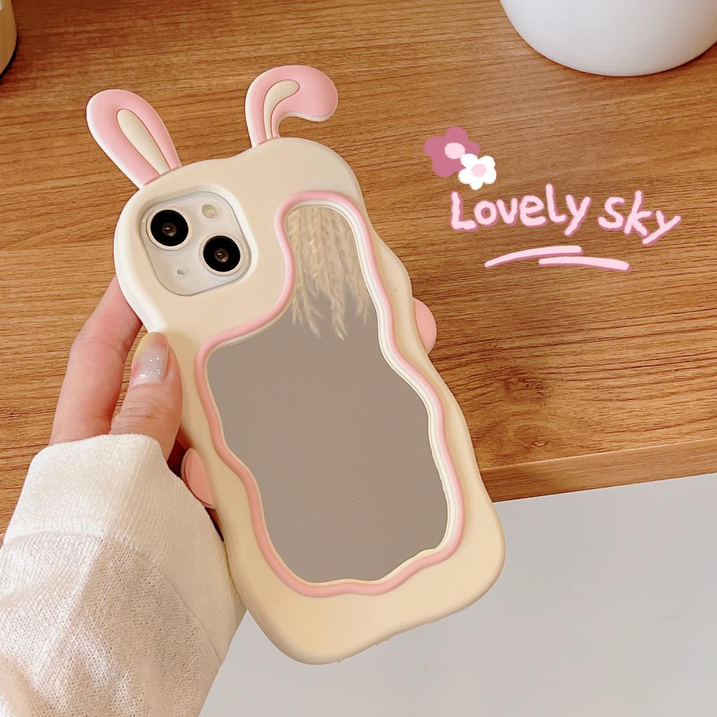 Cute Pink Rabbit Ear Makeup Mirror Suitable for iPhone 15 16 Promax for Apple 13/12/11 Phone Case XR Silicone