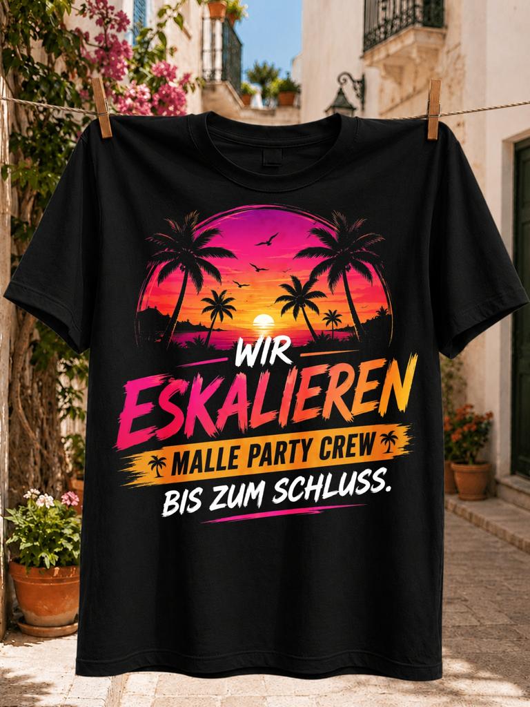 We Escalate Malle Party Crew Until the End GerUnisex Graphic Tropical Sunset Palms and Hot Pink Orange Unisex All TShirt