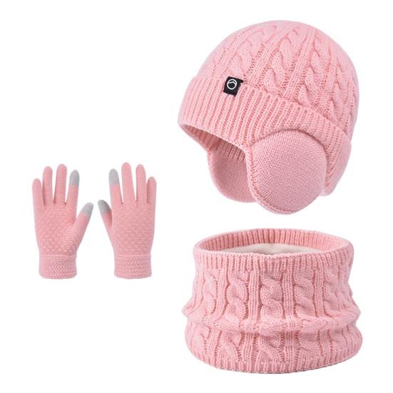 Set 3 Buc/Set Pălărie Fular Mănuși pentru Copii Culoare Solidă Textură Răsucită Căptușeală Fleece Pălărie cu Clape pentru Urechi Mănuși Touchscreen Set Guler pentru Gât Accesorii pentru Vreme Rece