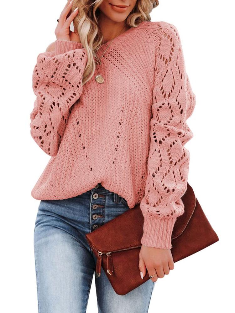 Autumn Winter Diamond Grid Sweater Women's Round Neck Hollow Out Loose Pullover Comfortable Versatile Knitted Undercoat Top