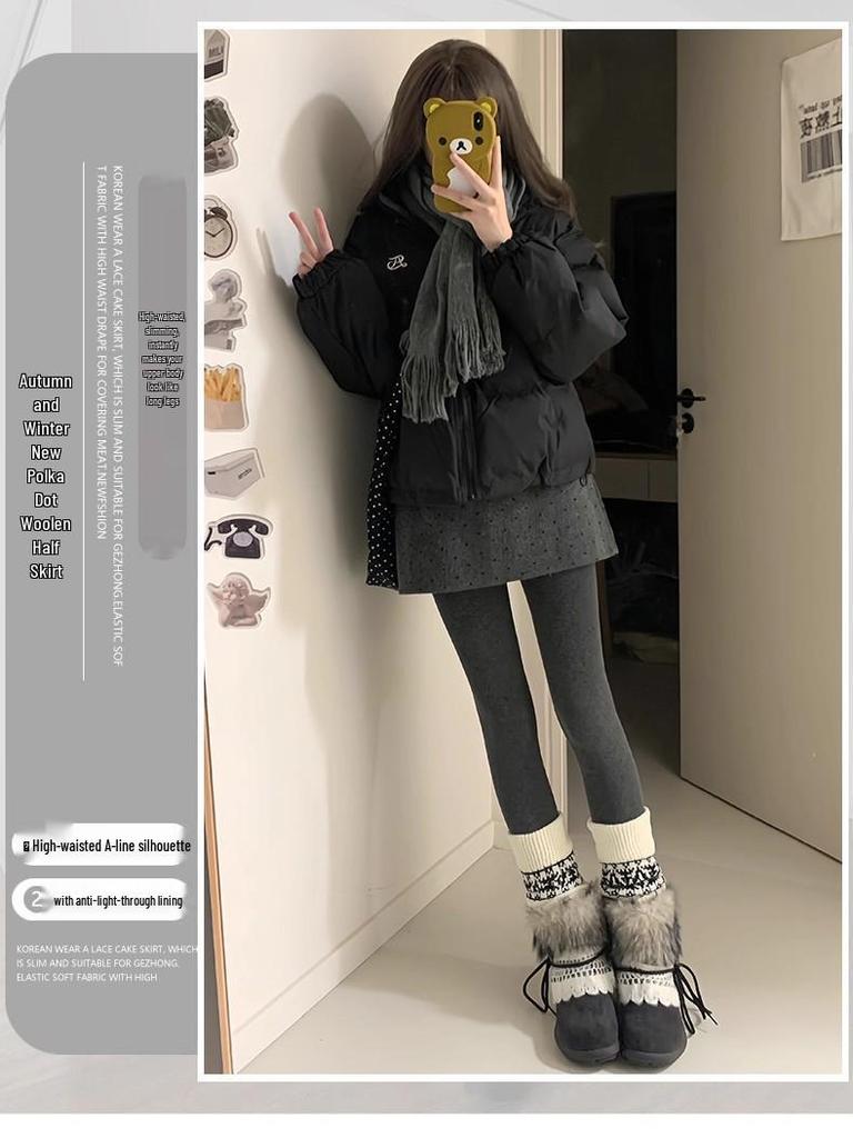 Korean Style Women's Gray Polka Dot Wool A-Line Skirt - Retro Hip-Hugging Short Skirt for Autumn/Winter