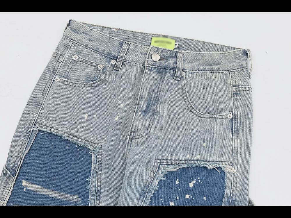 Trendy Herrenhose aus gewaschenem Denim mit geradem Bein und Kontrastnähten im Punk-Stil mit Tintenspritzern und Katzenschnurrhaar-Details