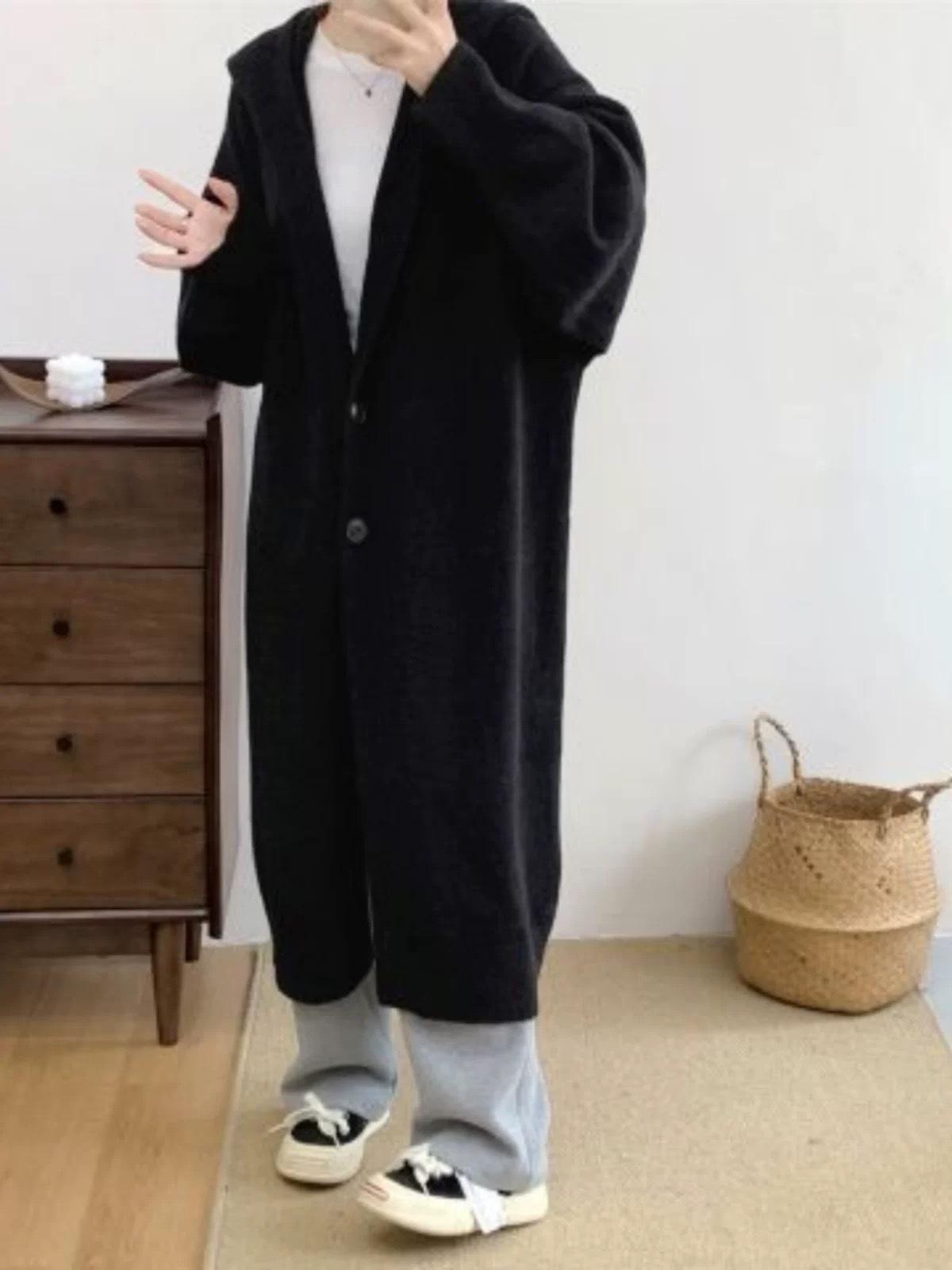 

Женское вязаное пальто с капюшоном свободного кроя, осень/зима 2025 - Простой однотонный цвет, французский кардиган. One Size чёрный