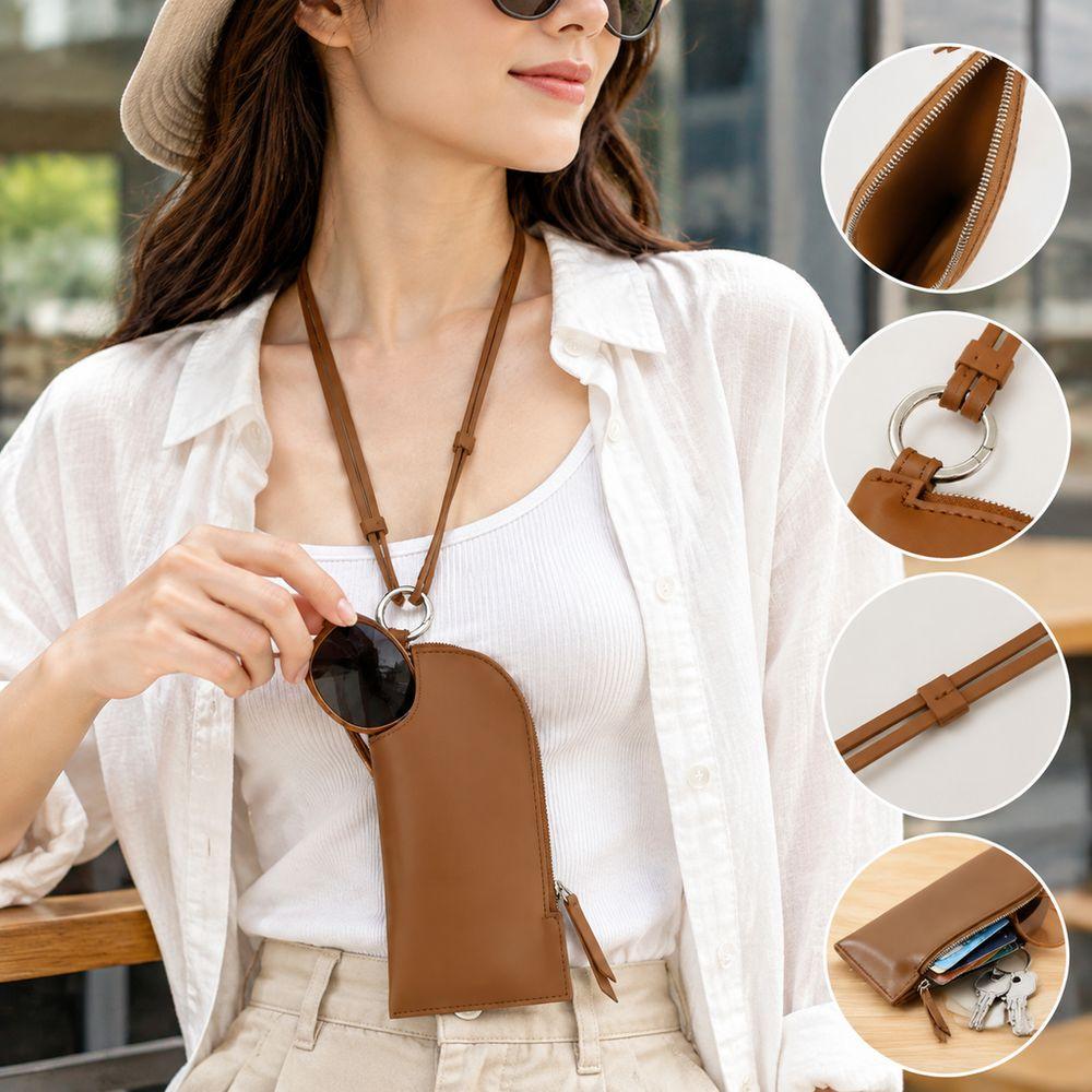 Sac de Rangement pour Lunettes de Soleil en Cuir PU avec Cordon Porte-Lunettes Accessoires Lunettes