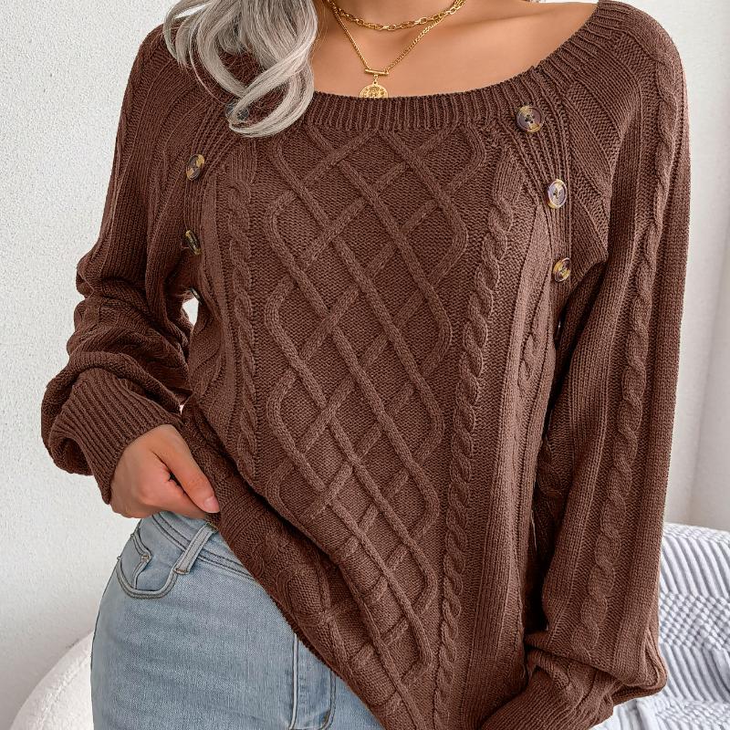 Women Warm Knitted Sweater Autumn Winter Casual Square Collar Studded Button Twist Knit Pullover Jumpers