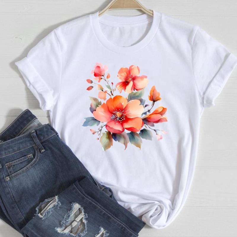 (European Size) 90s Cute Women Print Tee Flower Trend Trend Sweet Top Clothing Fashion Tshirt Lady Female Casual Short Sleeve Graphic T-shirt