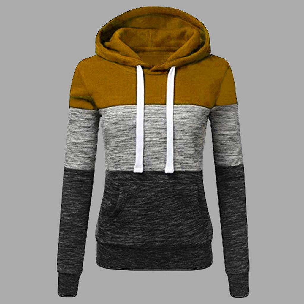 Fashion Womens Casual Hoodies Sweatshirt Patchwork Ladies Hooded Blouse Pullover