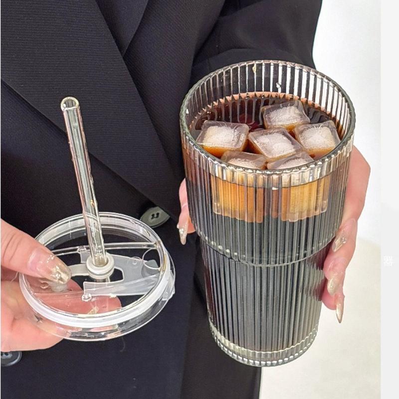1/2 Piezas Vaso de Vidrio Rayado Vasos Transparentes con Tapa y Pajita Taza para Café Helado Taza de Té Vaso para Jugos Vaso para Leche y Agua Utensilios para Beber Botella de Agua con Pajita