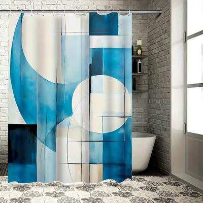 Modern Geometric Design Shower Curtain Luxury Blue White Tiles Printed Decorative Bath Rug Water Repellent Bathroom Liner for Ho