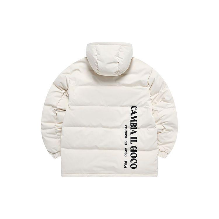 Fila Fusion Solid Color Logo Patch Fashion Warm Mid-Length Hooded Down Jacket Men Outerwear Milk-Beige T11M245911F-BG