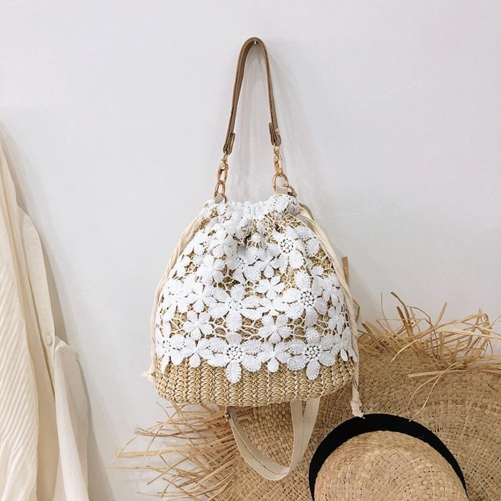 Portable Lace Straw Shoulder Bag Bohemian Hollow Weave Tote Bag Flower Crossbody Beach Handbag Travel