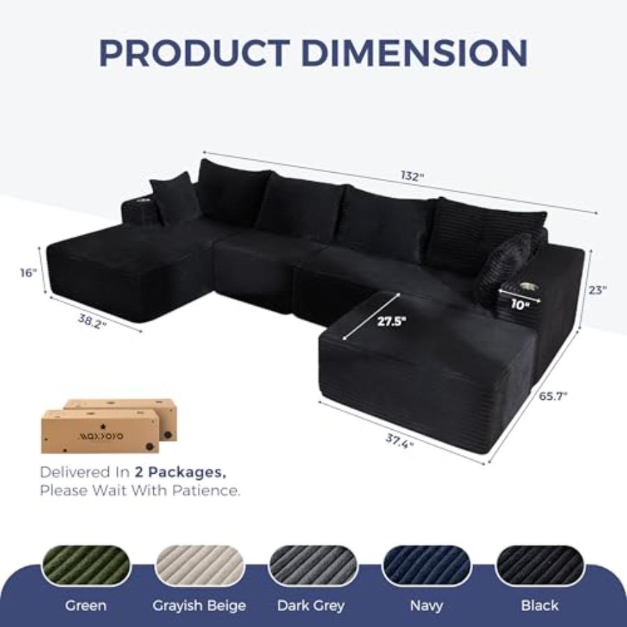 132 Giant U-Shaped Modular Sectional Couch for Living Room Sofa In A Box Oversized Sofa Sleeper with Deep Seat No Assembly Requ