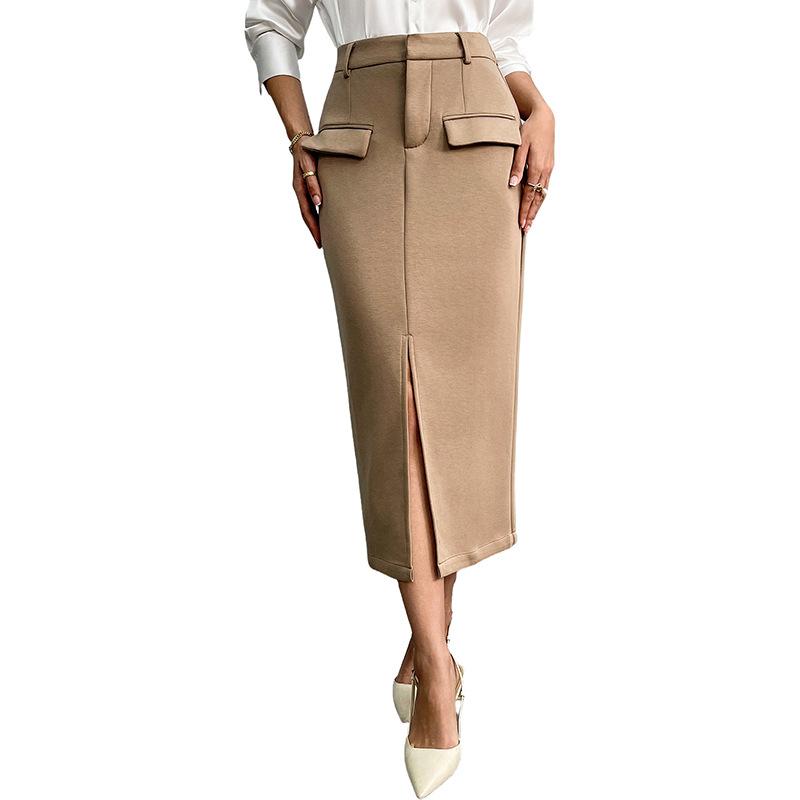 Falda Lápiz Elegante Casual de Oficina con Bolsillos y Abertura a Media Pierna para Mujer