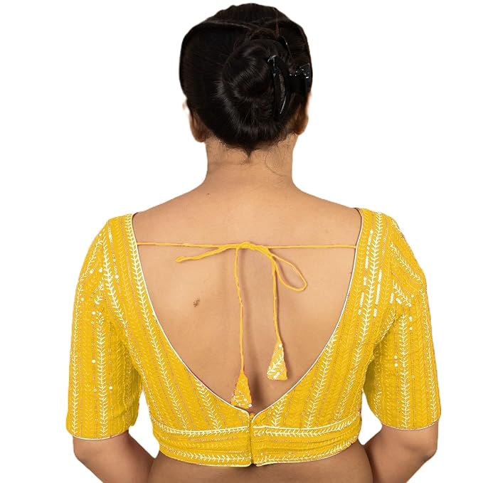 Wyszukana designerska bluzka dla kobiet do sari, lehengi i na festiwale ze złotym cekinowym haftem, dekolt w serek, żorżetowa bluzka, stylowa, gotowa do noszenia