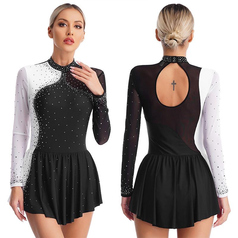 Damska Błyszcząca Sukienka do Łyżwiarstwa Figurowego z Cyrkoniami Przezroczysta Siateczka Patchwork Długi Rękaw Golf Suknia Występowa