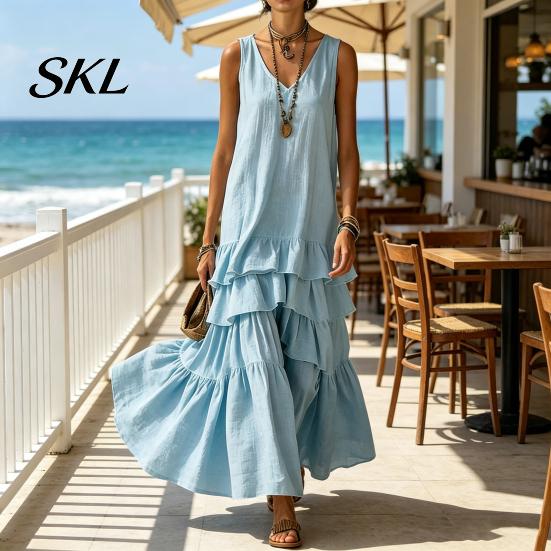 Women Dress Women's Sleeveless Summer Long Tank Dress, V Neck Tiered Layered Lotus Leaf Skirt Ruffle Maxi Casual Loose Flowy Beach Sundress