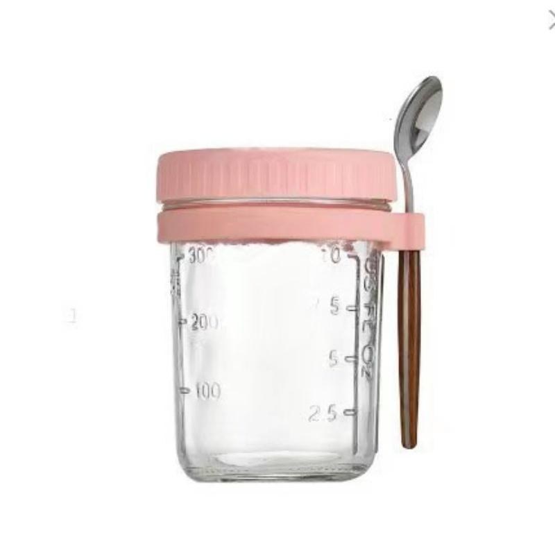 

High-value Oat Cup Transparent Glass with Lid and Spoon, Good Sealing with Scale , Simple and Multi-color Optional Breakfast Cup 350ml розовый