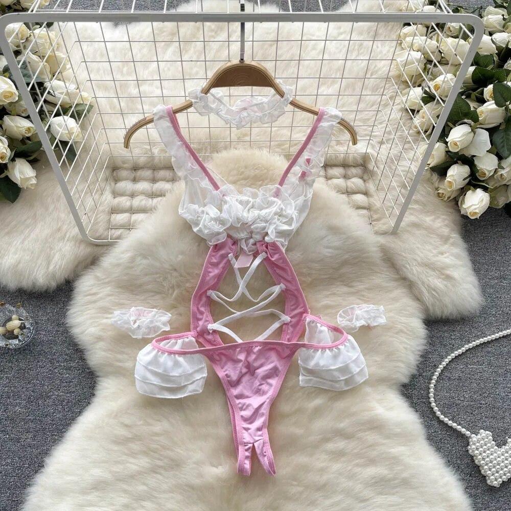 Damen Cosplay Sinnliche Unterwäsche Bodys Frauen Kawaii Backless Aushöhlen Kurze Strampler Weibliche Bogen Erotische Dessous Sexy Playsuits 2024