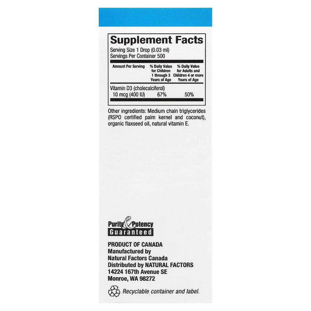 Natural Factors Children's Vitamin D3 Drops, Unflavored, 10mcg (400IU), 0.5fl oz (15ml)