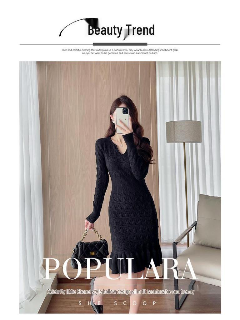 High-End V-Neck French Knitted Midi Fishtail Dress for Autumn/Winter