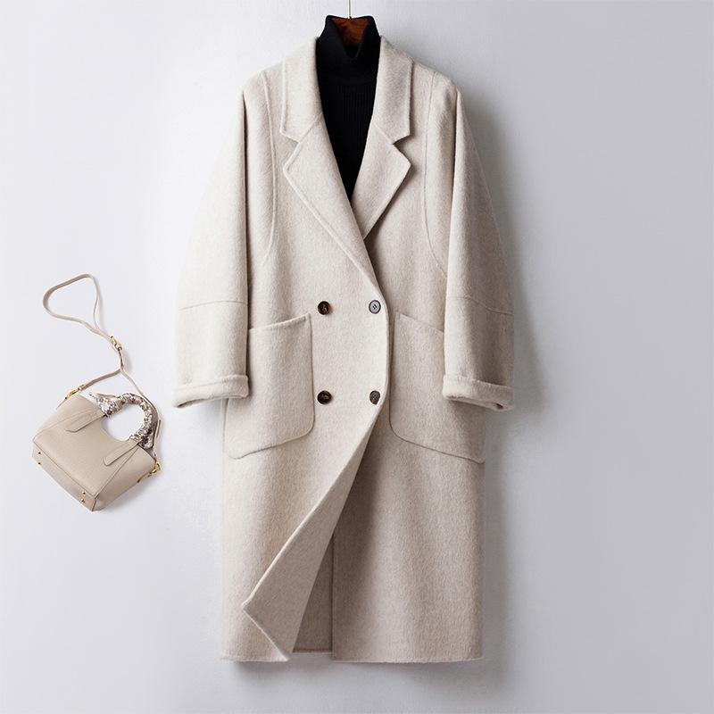 Double-sided Cashmere Hand-sewn Woolen Gray Coat for Women's Autumn and Winter New Loose Medium and Long Thickened Wool Coat