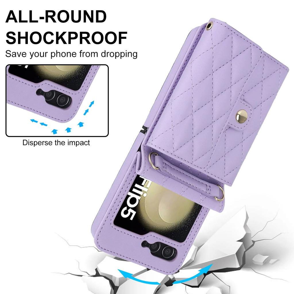 Fashion Leather Phone Case for Samsung Galaxy Z Flip 5 4 3 5G with Long Lanyard Wallet Card Slot Silicone Protect Cover