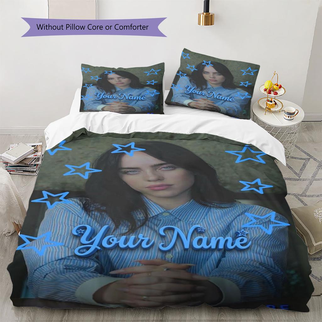 Billie Eilish Custom Name Pattern Bedding,Quilt Set Quilt Cover Pillowcase Home Birthday Gift(1 * Duvet Cover + 2 * Pillowcase, Without Core)
