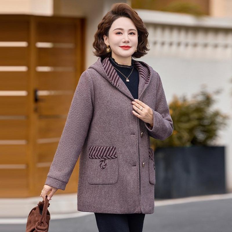 Middle-aged women's new hooded woolen coat mother winter clothing casual noble medium and long woolen coat clothing