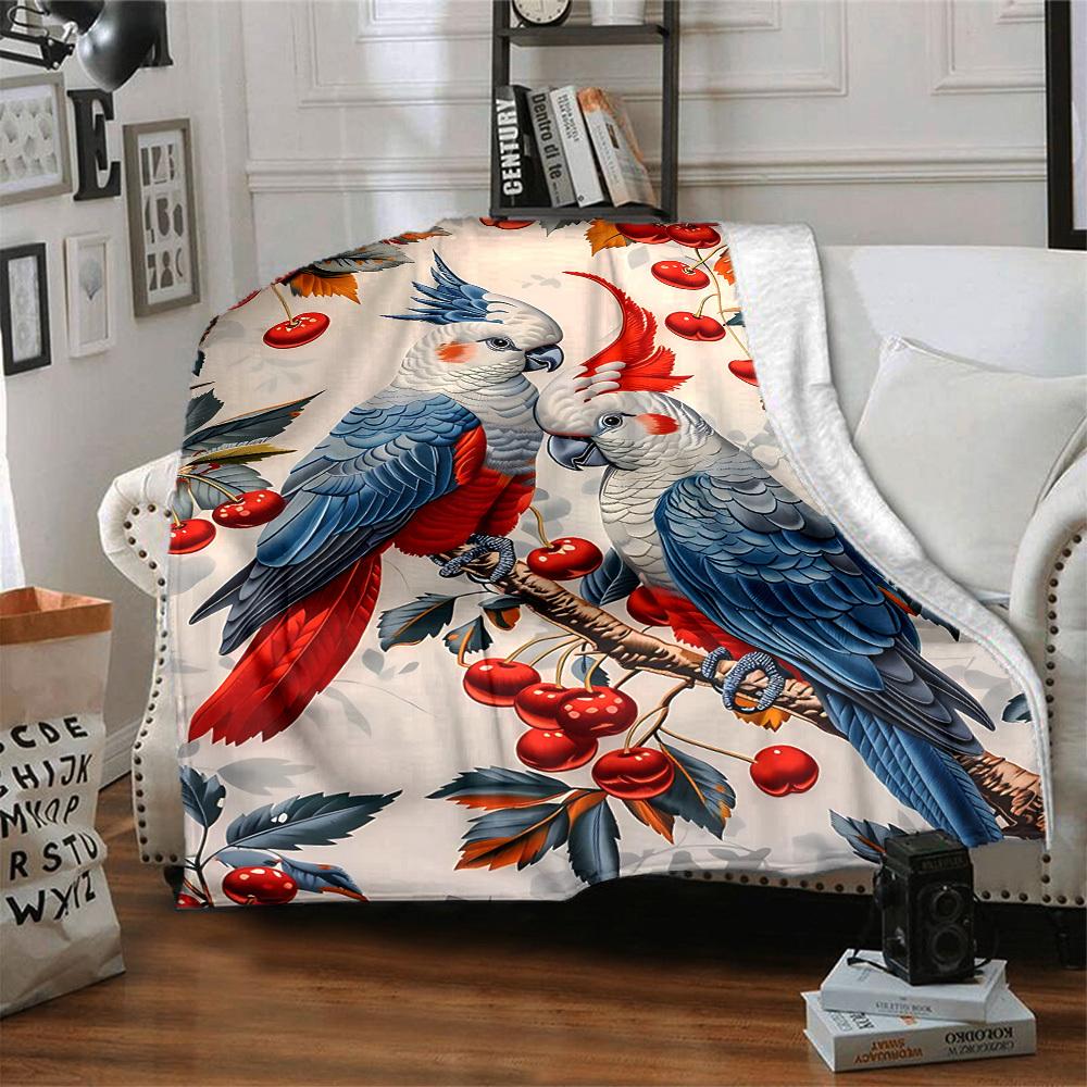 1pc Parrot Cherry Lightweight Flannel Blanket, Comfortable and Warm Blanket, for Office and Camping Sofa Bed161