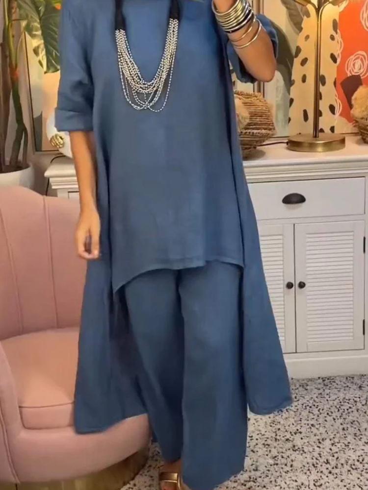 Damen Asymmetrischer Saum Lockeres Oberteil und Weitbeinige Hose Set in Mehreren Farben