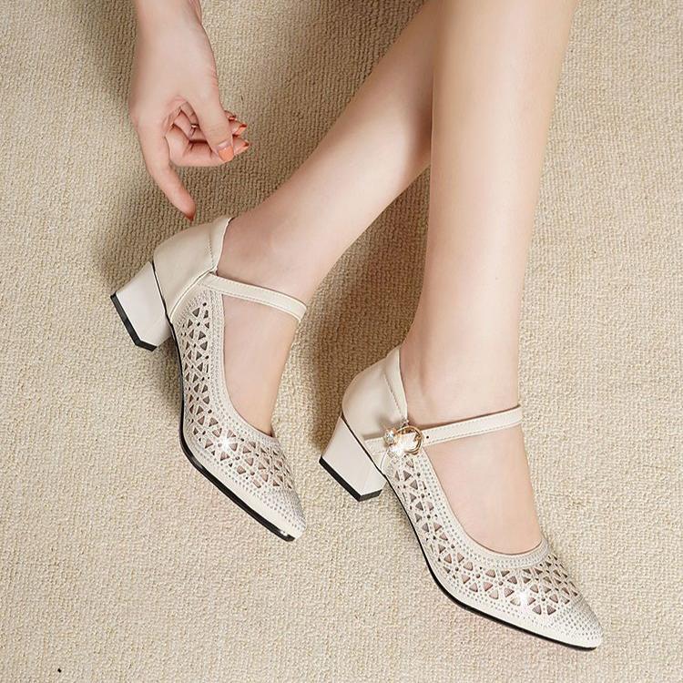Sandals Women's Summer Mid Heeled Mesh Sandals Perforated Shoes Perforated Breathable Single Shoes Thick Heels Soft Soled Shoes
