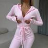 2026 Fleece Slim Fit Hooded Jumpsuit Women's, Front and Middle Full Zipper Strap Waist Tights Casual Jumpsuit