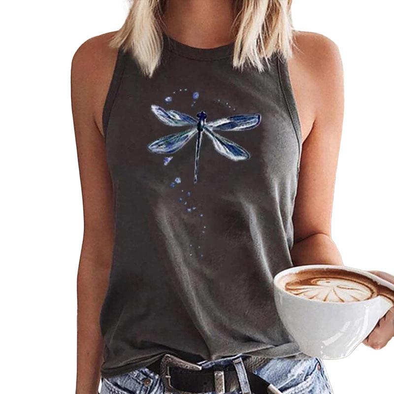 Women's Dragonfly and Dandelion Printed Sleeveless T-shirt, Y2K Street Clothing, Off Shoulder Tank Top, Sexy Sleeveless Girl's T-shirt