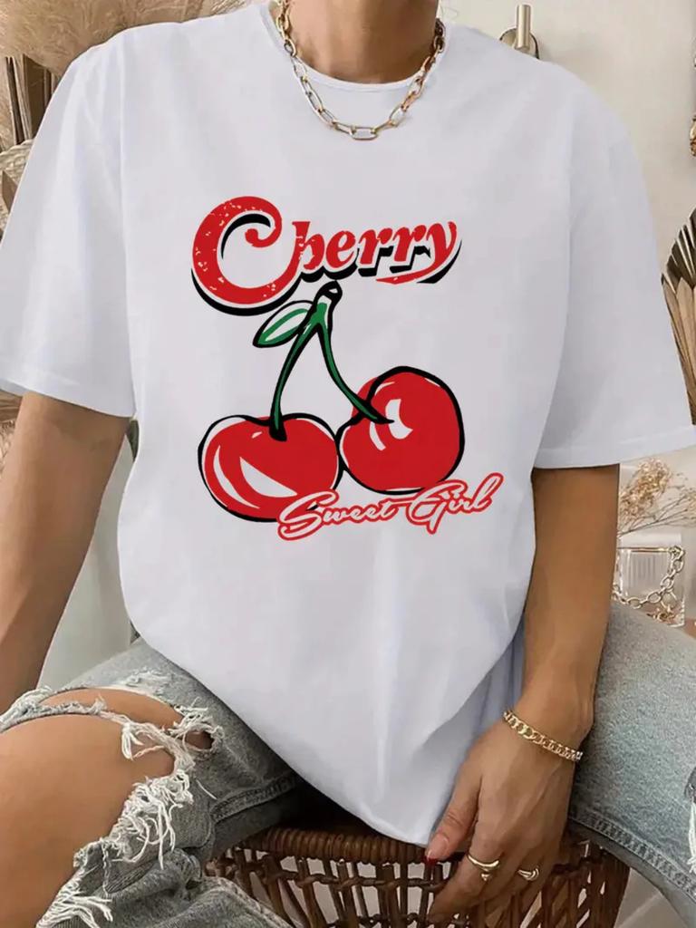 Cherry Print Womens Tshirt Women Loose Comfortable Tee Red Cherries Graphic Daily Streetwear Fashion Soft Top T Shirt