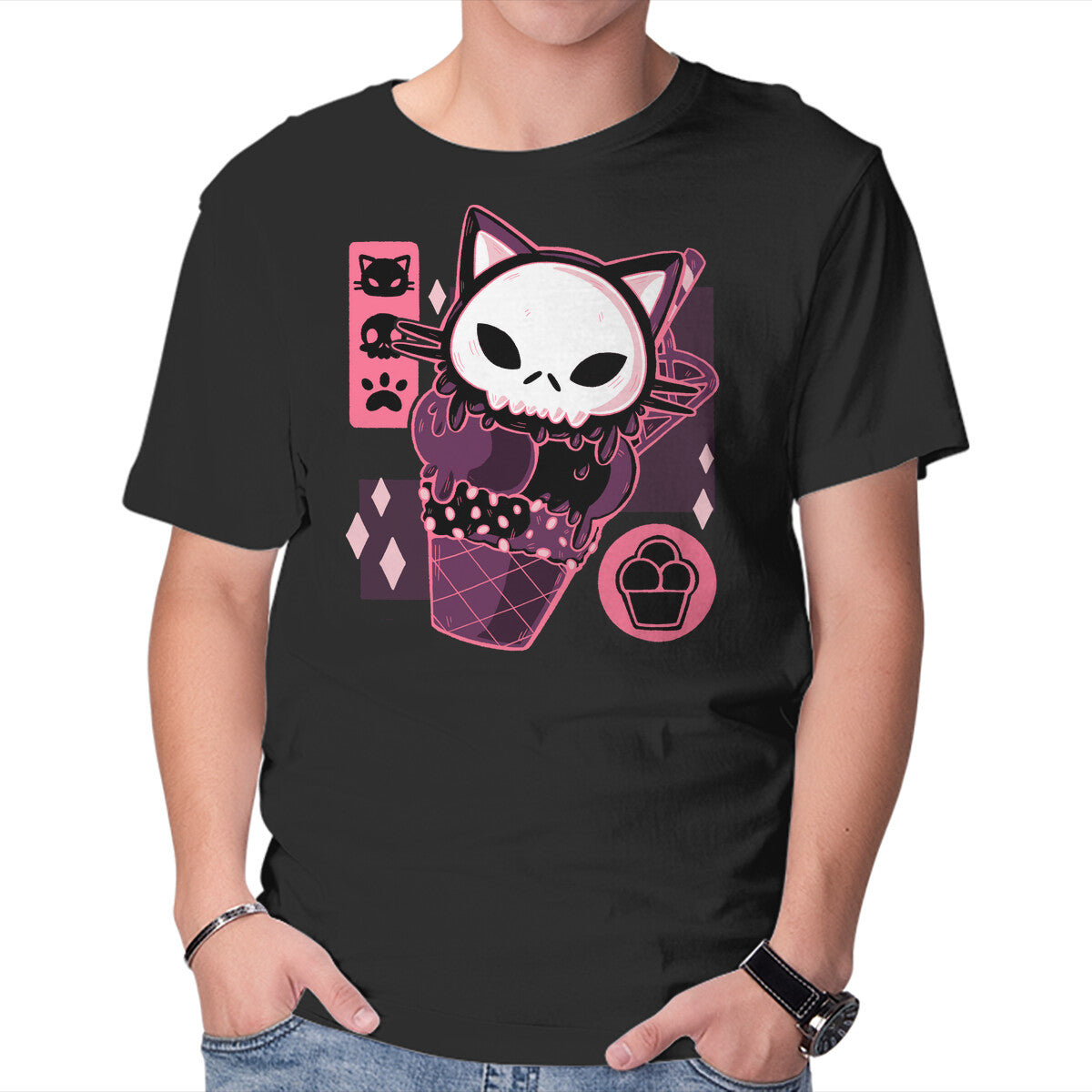 Unisex Crew Neck T-Shirt Skull Kitty Cream Graphic Short Sleeve Casual Tee L