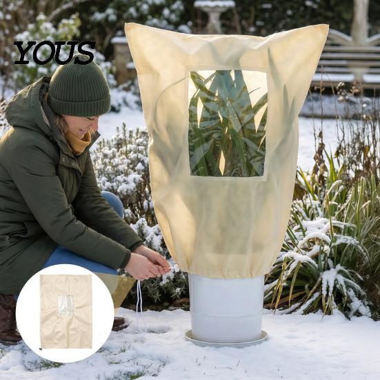 Freeze Proof Plant Sack Winter Cover, Drawstring Protection Bag with Window, Non-woven Thermal Barrier for Fabric Frost Blanket Outdoor Potted Plants