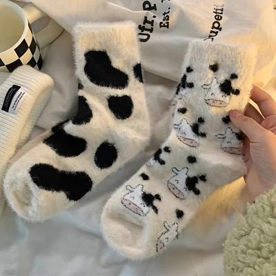 1/2 Paires Chaussettes Mignonnes à Imprimé Vache pour l'Hiver, Chaussettes Mi-Mollet Pelucheuses Chaudes pour Femmes, Douces Confortables pour Usage Décontracté & Maison, Mode
